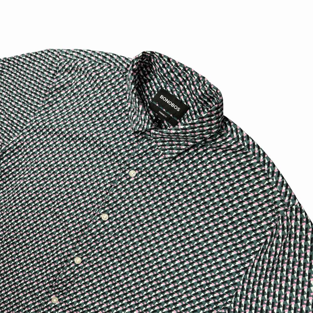 Bonobos Men Large Standard Fit Green Pink Geometric Print Short Sleeve Button Up
